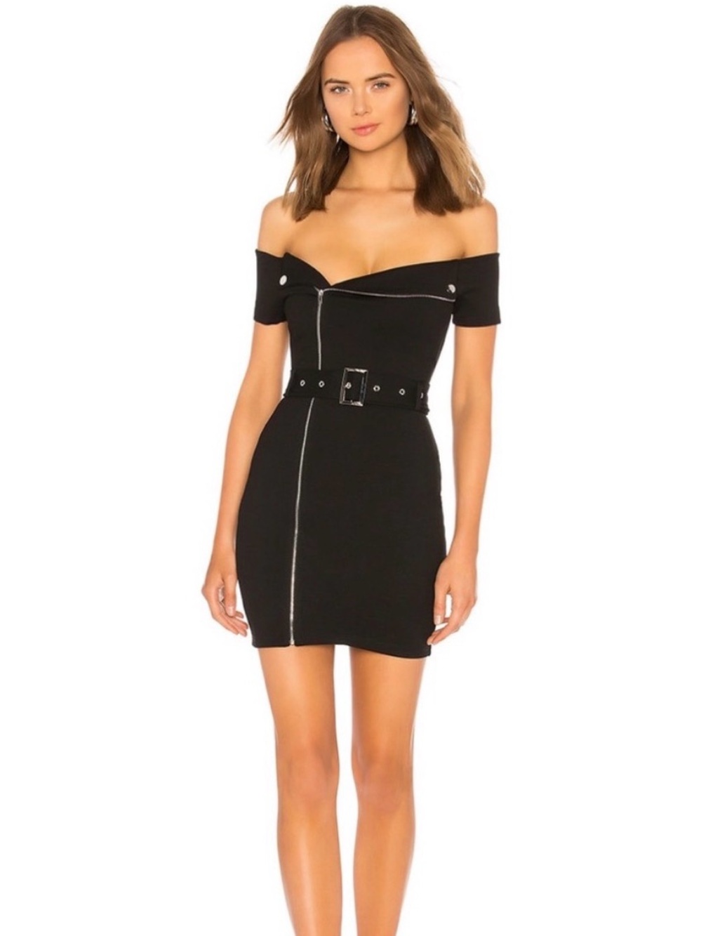 superdown Black Off-Shoulder Belted Midi Dress with Zip Detail